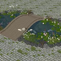 Wooden Landscape Bridge Spanning Pond With Water Lilies Lotus Flowers And Green Plants