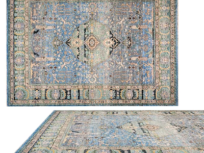 Square Carpet With Traditional Blue Beige Intricate Pattern And Vintage Design 3d model