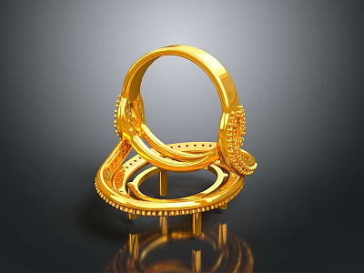 Golden Stacked Rings With Decorative Patterns And Gemstones On Black Display Stand With Reflection 3d model