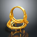 Golden Stacked Rings With Decorative Patterns And Gemstones On Black Display Stand With Reflection