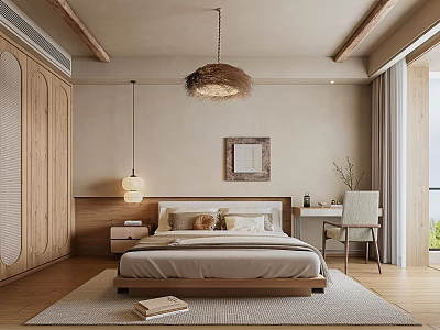 Natural Bedroom Interior Design With Wooden Wardrobes Rattan Pendant Light And Cozy Rug 3d model