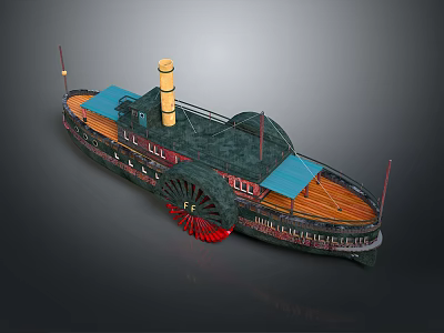 Vintage Wooden Steamboat With Yellow Chimney Red Paddle Wheel And Blue Canopy 3d model