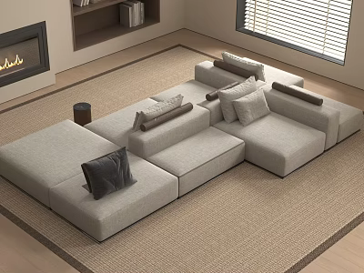 Light Gray Sectional Sofa In Modern Living Room With Plush Pillows Neutral Rug And Fireplace 3d model