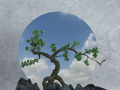 Unique Shaped Arbor Tree With Green Leaves Against Blue Sky And White Clouds 3d model