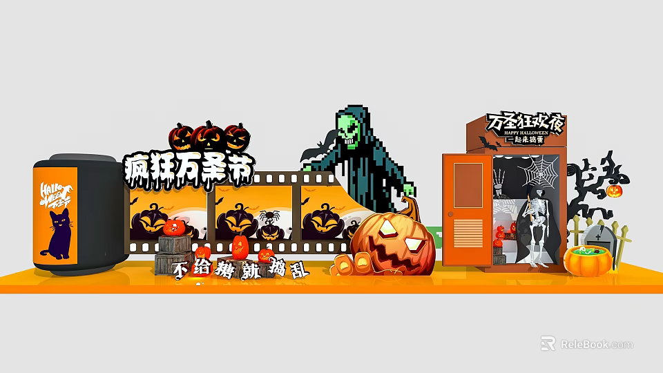 Crazy Halloween Decorations With Pumpkins Ghost Spider And Web 3d model