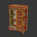 Chinese Traditional Red Wardrobe With Colorful Decorative Patterns And Open Drawer