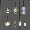 Stylish Modern Pendant Lights With Blue White Ceramic Patterns And Metal Frames 3d model