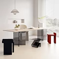 Modern Home Office Desk With Wooden Surface Metal Legs Chair Lamp And Green Plant