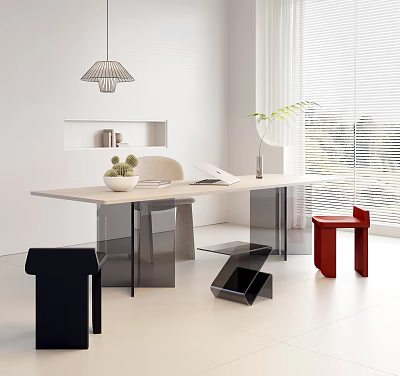 Modern Home Office Desk With Wooden Surface Metal Legs Chair Lamp And Green Plant 3d model