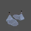 Women In White Wedding Dresses Back And Front View Holding Phone On Simple Gray Background