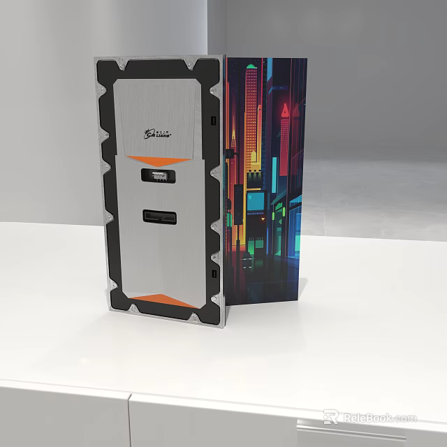 Modern PC Case With Silver Black Exterior Orange Accents Branded Logo And Colorful Display Screen 3d model 
