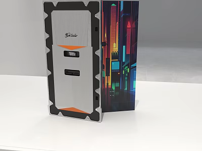 Modern PC Case With Silver Black Exterior Orange Accents Branded Logo And Colorful Display Screen 3d model