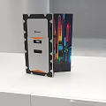 Modern PC Case With Silver Black Exterior Orange Accents Branded Logo And Colorful Display Screen