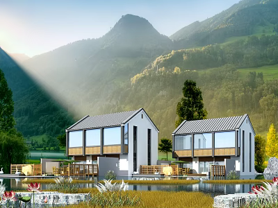 Sunlit Modern Detached Villas With Mountain View Lakefront And Lush Greenery 3d model