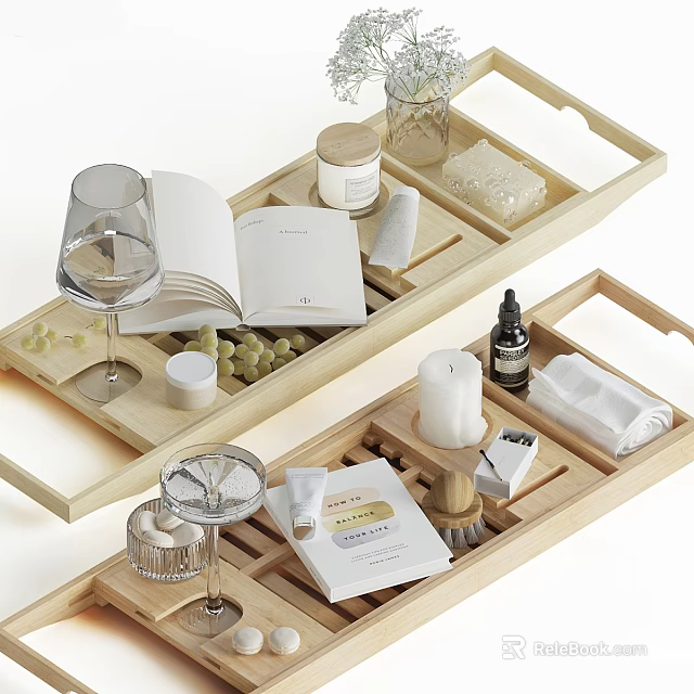 Bathroom Accessories in Wooden Tray with Candle Small Bottle Towel and Skincare Items 3d model 