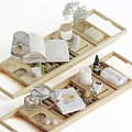 Bathroom Accessories in Wooden Tray with Candle Small Bottle Towel and Skincare Items