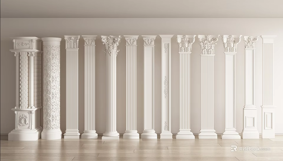 White Classical Columns Of Various Types With Carved Designs And Ornate Capitals 3d model 