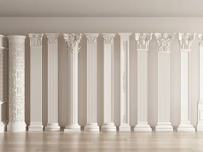 White Classical Columns Of Various Types With Carved Designs And Ornate Capitals 3d model