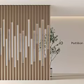 Contemporary Interior Design Partition With Wooden Slats Geometric Pattern And Potted Plant