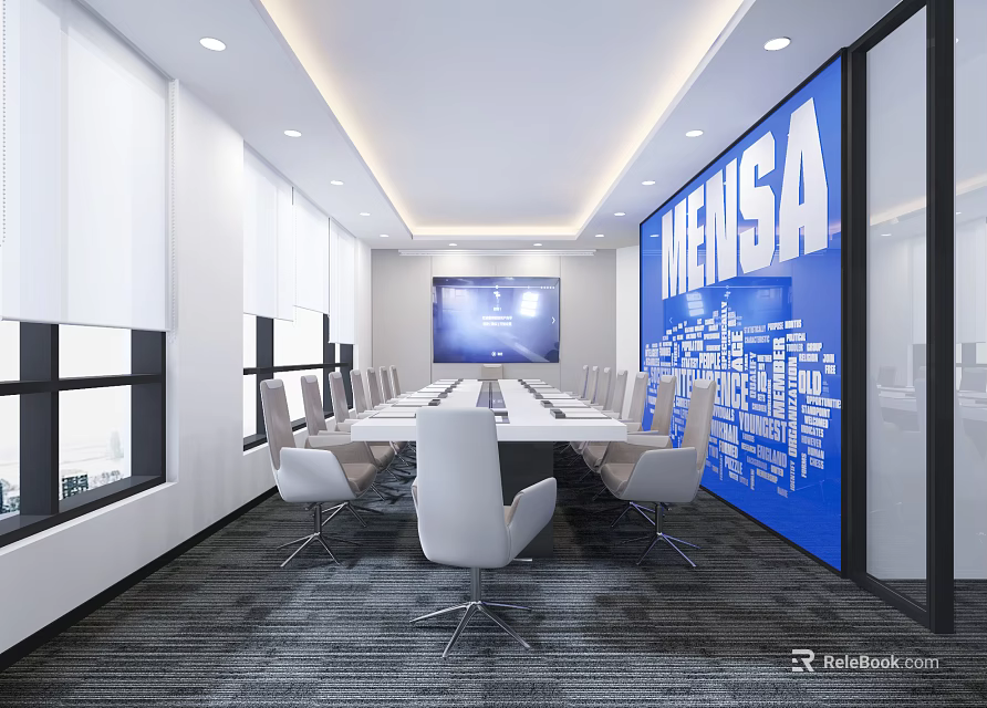 Modern Conference Room With Long Table White Chairs Large Screen Blue Wall And MENSA Logo 3d model 