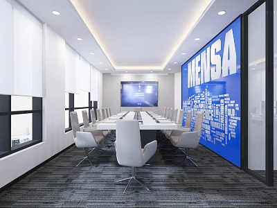 Modern Conference Room With Long Table White Chairs Large Screen Blue Wall And MENSA Logo 3d model