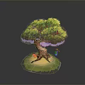 Large Tree With Brown Trunk And Green Canopy On Green Grass With Small Plant