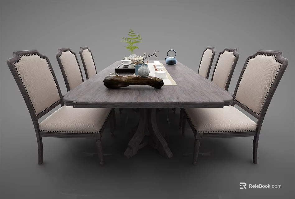 Wooden Dining Table Set With Six Upholstered Chairs Teapot Green Plant And Tray 3d model 