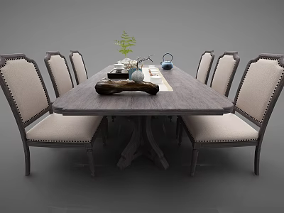 Wooden Dining Table Set With Six Upholstered Chairs Teapot Green Plant And Tray 3d model