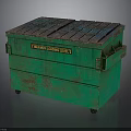 Green Dumpster With Blue Red Striped Top And Asbestos Warning Label