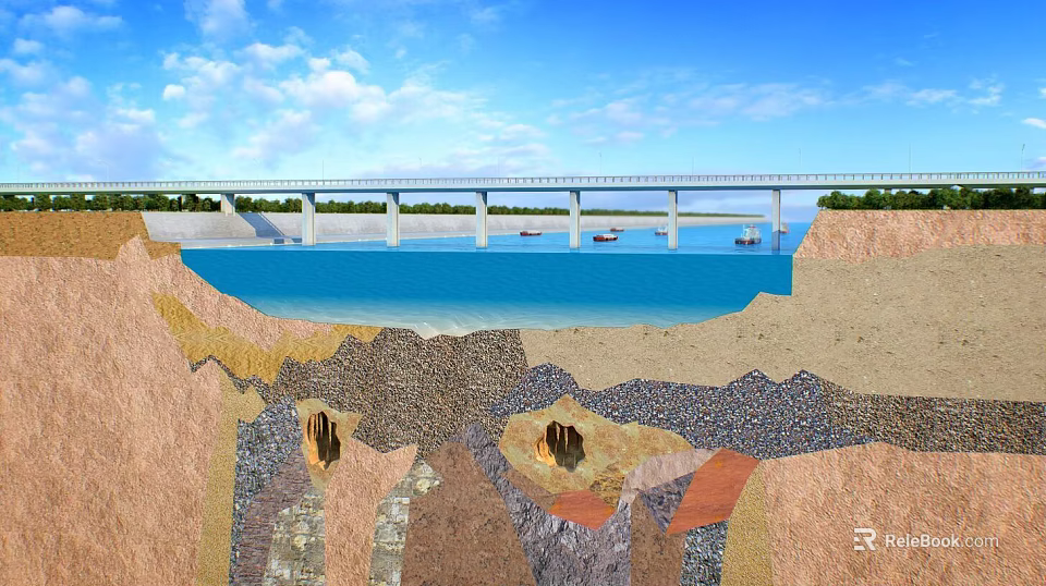 Scenic Garden Landscape Featuring Water Area Bridge Boats Underwater Cave Structures And Layers 3d model 