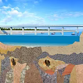Scenic Garden Landscape Featuring Water Area Bridge Boats Underwater Cave Structures And Layers