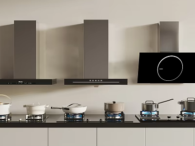 Modern Kitchen Appliances Setup With Range Hoods Stovetops Cooking Pots And White Cabinets 3d model