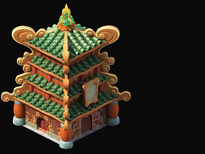 Traditional Chinese Multi tiered Tower with Green Tiled Roof Orange Walls Decorative Eaves and Golden Top 3d model