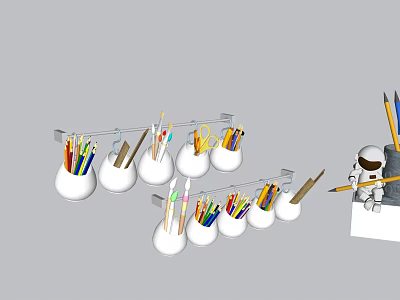 White Cup Stationery Organizer With Colorful Pencils Scissors Brushes And Astronaut Figurine 3d model