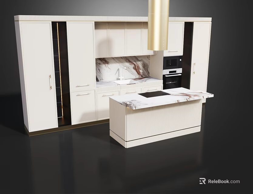 Elegant Modern Kitchen Interior With White Cabinets Marble Countertops And Central Island 3d model 