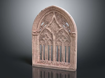 Gothic Style Stone Carved Window Panel With Arched Design And Intricate Patterns 3d model