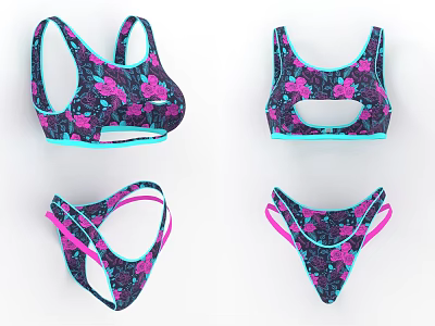Women's Two Piece Bikini with Pink Floral Print and Teal Trim Design 3d model