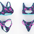Women's Two Piece Bikini with Pink Floral Print and Teal Trim Design