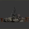 Wooden Stools Stone Circle Bonfire Setup With Tripod Cooking Pot 3d model