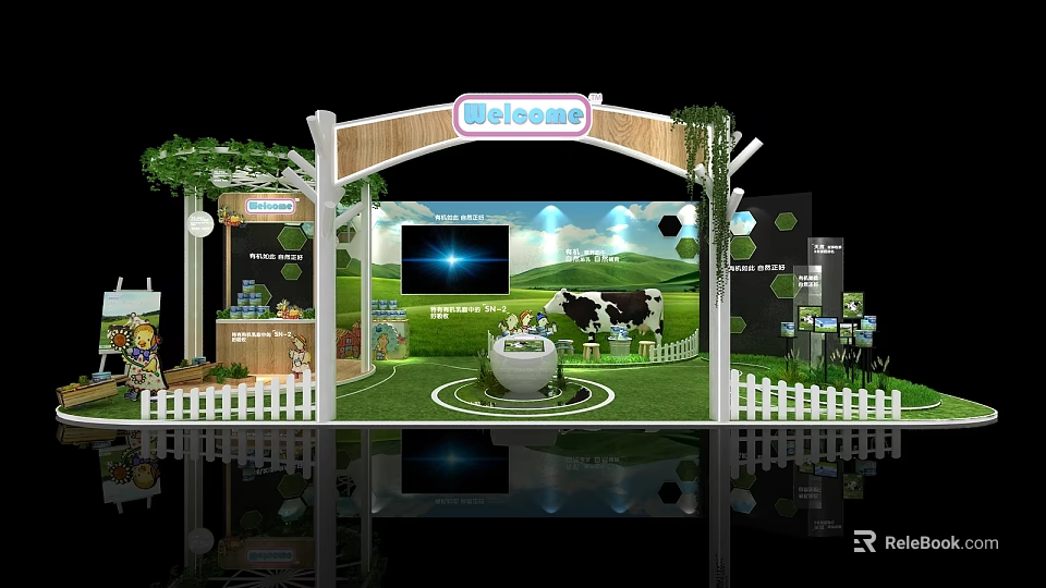 Welcome Themed Exhibition Booth With Green Background Cow And White Picket Fence 3d model 