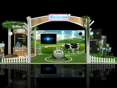 Welcome Themed Exhibition Booth With Green Background Cow And White Picket Fence 3d model