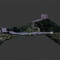 Realistic Great Wall Model On Mountain With Green Vegetation And Watchtowers
