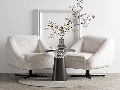 Beige Armchairs and Black Round Table with Vase Dried Branches on Wooden Floor Round Rug 3d model
