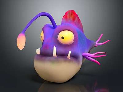3D Fantasy Creature Character With Purple Pink Body Glowing Lure Yellow Eyes And Tentacles 3d model