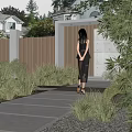 Modern Arched Entrance Gate With Wooden Fence Green Shrubs And Concrete Pathway