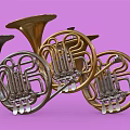 Multiple Brass French Horns Musical Instruments Stacked On Purple Background