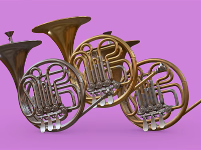 Multiple Brass French Horns Musical Instruments Stacked On Purple Background 3d model