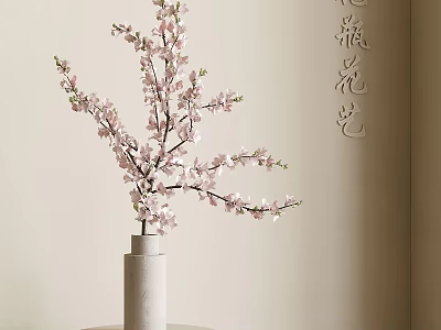 White Cylindrical Vase With Pink Cherry Blossom Branches In Indoor Floral Setting 3d model
