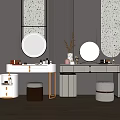 Modern Luxury Dressing Table with Round Gold Mirrors and Cushioned Stools on Textured Walls