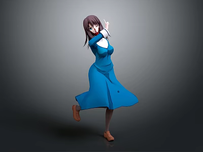 Elegant Human Female Character Dancing In Blue Dress With Brown Hair And Gray Background 3d model